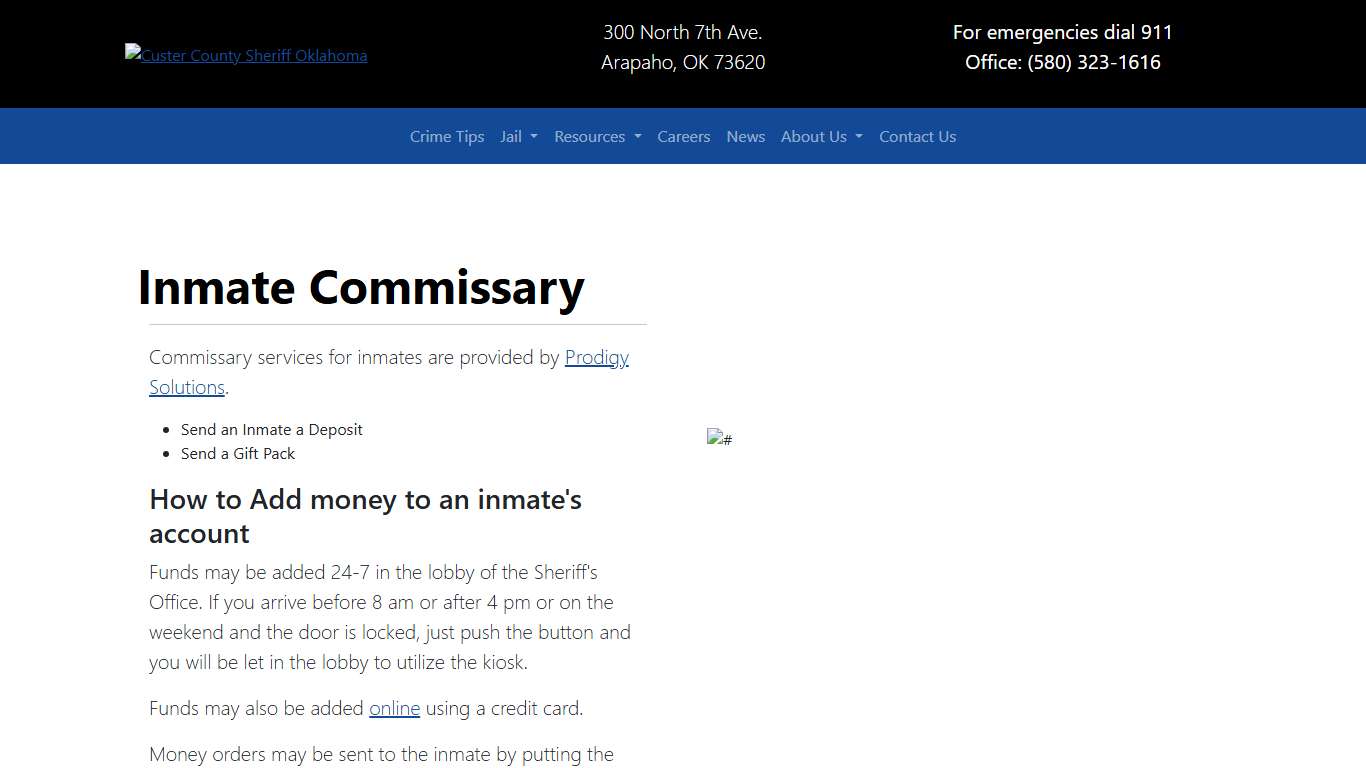 Inmate Commissary | Custer County Sheriff's Office Oklahoma